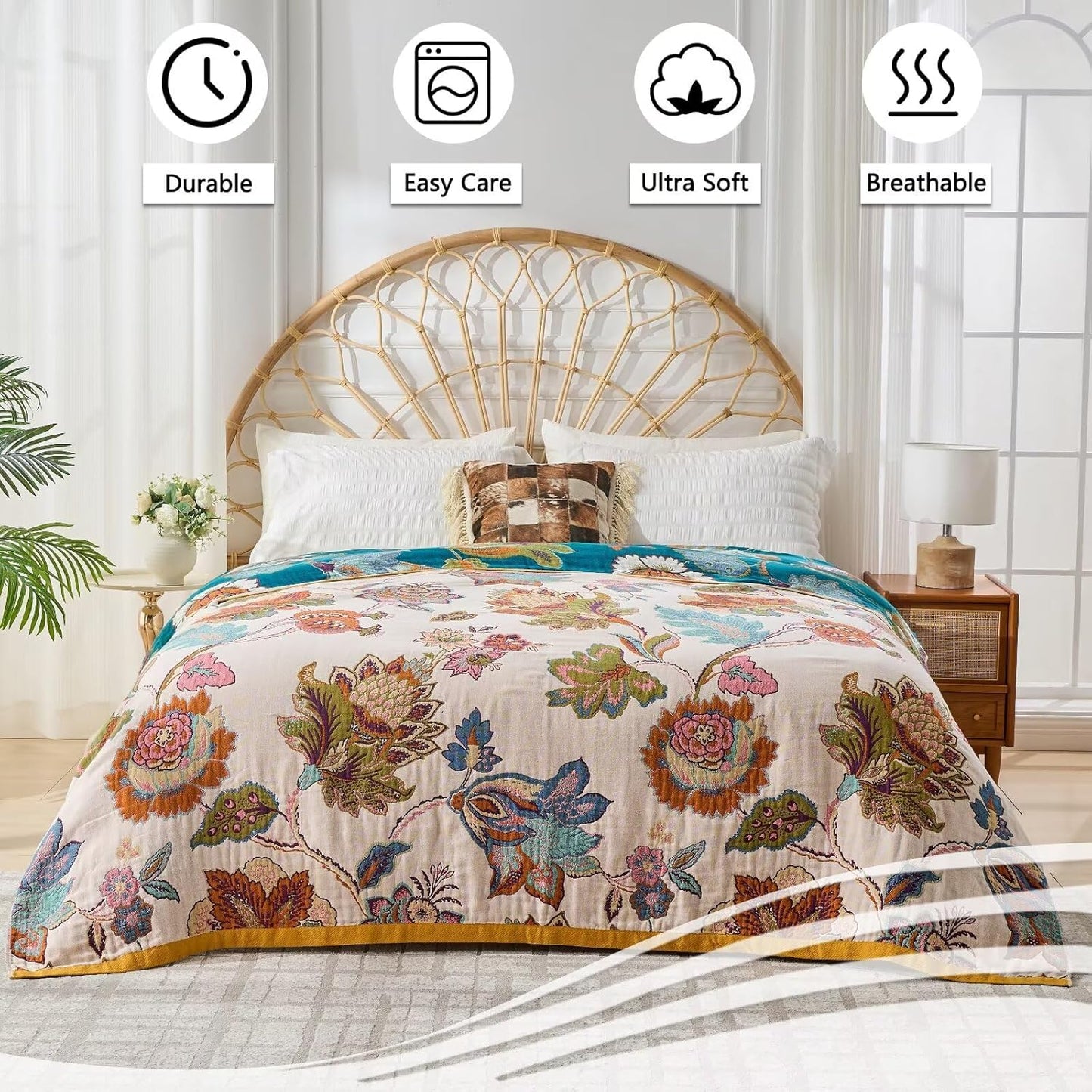 Boho Throw Blanket Reversible Muslin Bohemian Tapestry, Flower Decorated Bohemian Sofa Blanket, Lightweight Breathable 100% Cotton Throw Blanket, Chair Blanket, 50"x60"