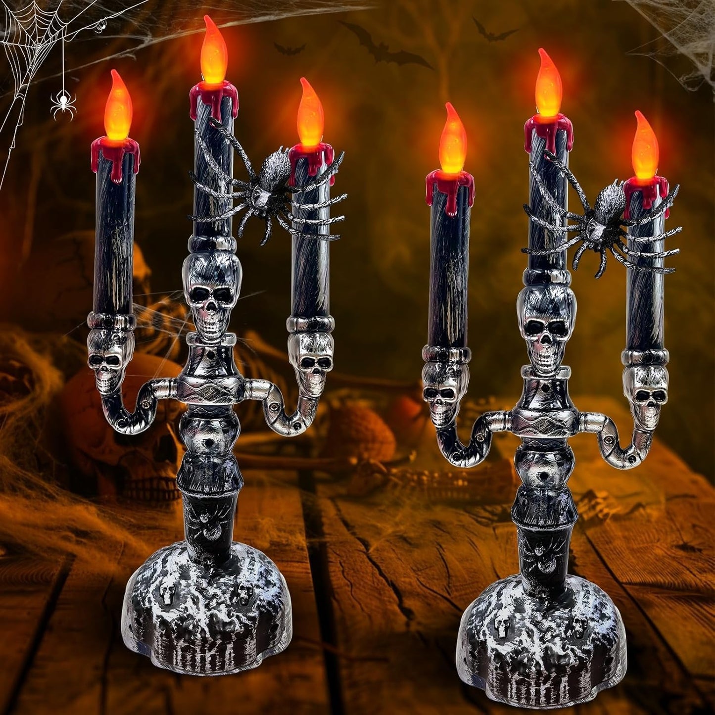 TURNMEON 2 Pack Halloween Candles Halloween Decorations LED Flame Less Candelabra 3-Flickering Lamp Light Up Battery Operated Candles Holder Spider Decor Indoor Table Home Haunted Party