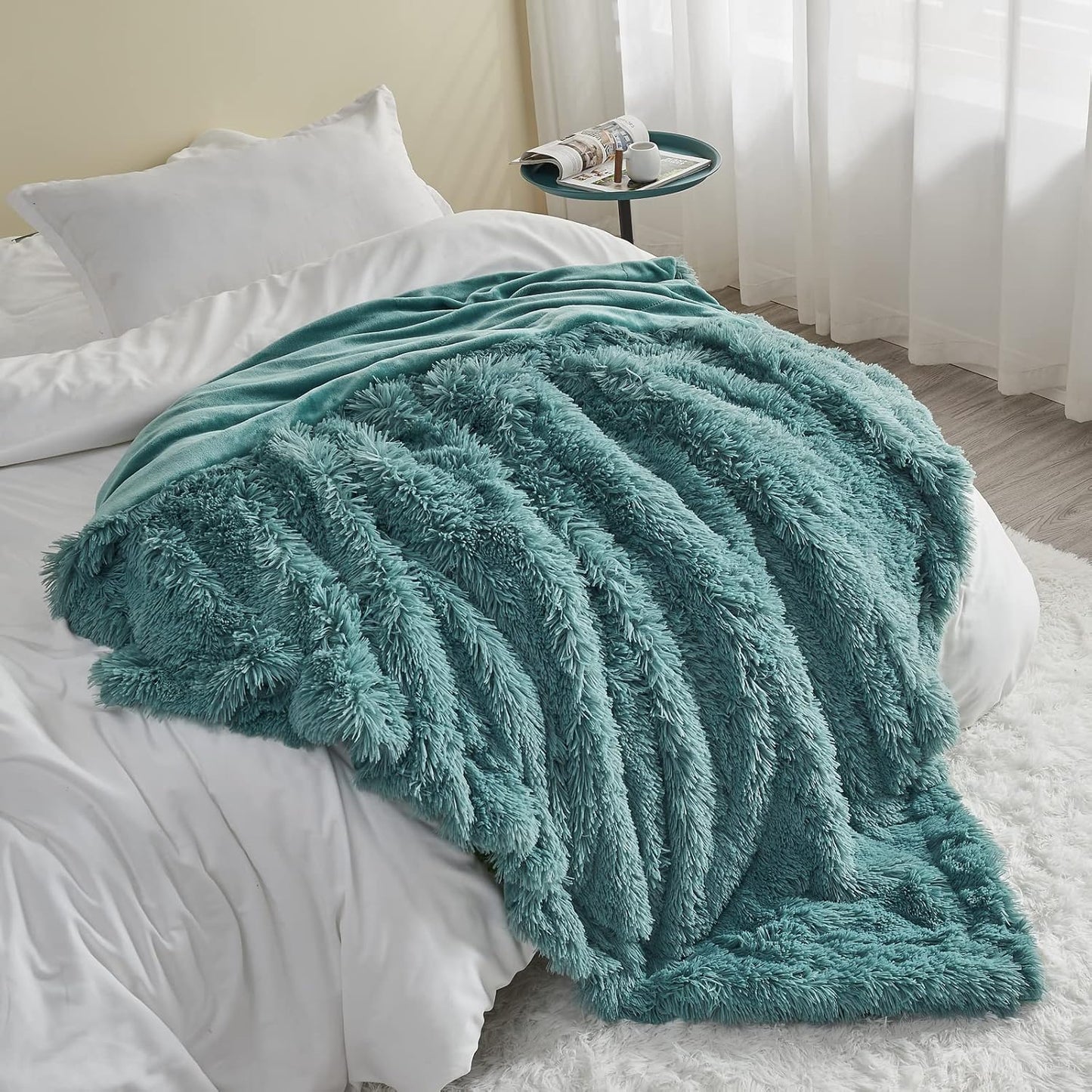 GONAAP Fuzzy Faux Fur Throw Blanket Twin Size Light Teal Super Soft Cozy Plush Fuzzy Shaggy Blanket for Couch Sofa Bed (Light Teal, Twin(60"x80"))