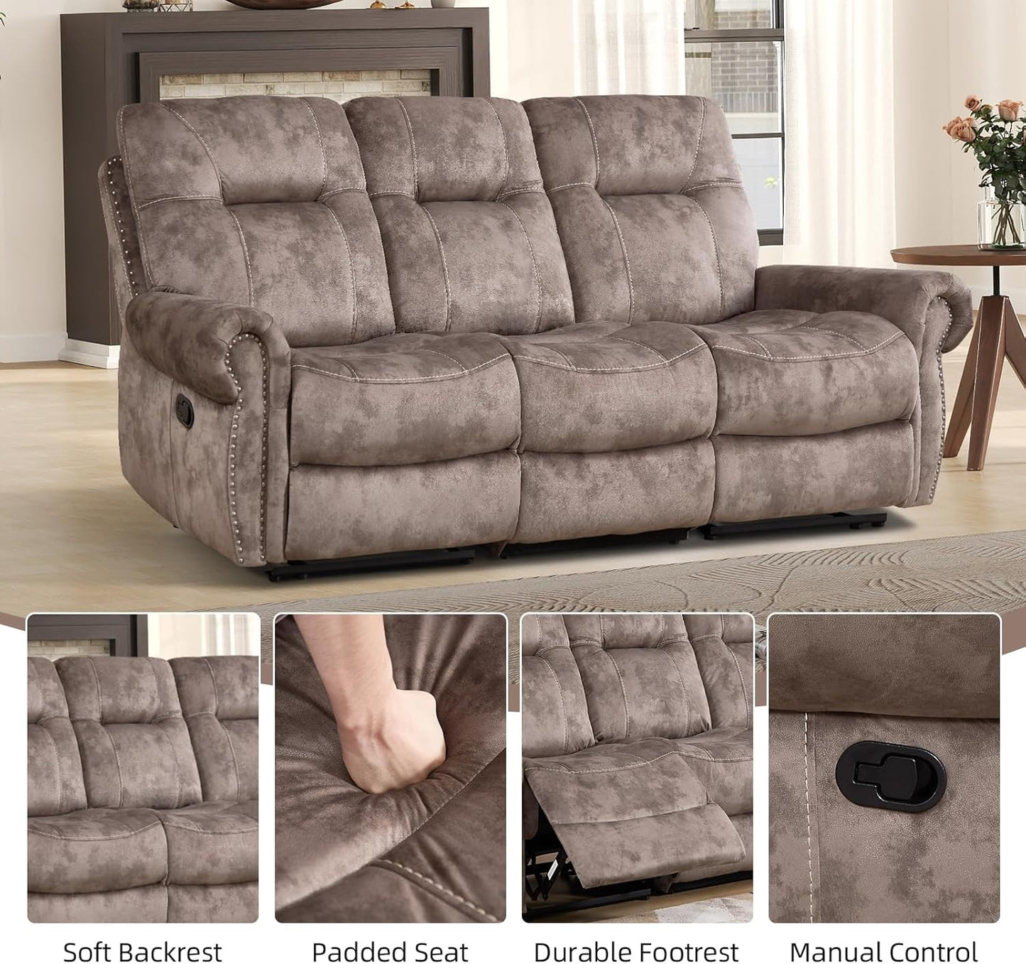 EBELLO 3 Pieces Reclining Couch Furniture Set for Living Room, Double 1 Seat Power Recliner Chair with Massage and Heat, a 3 Seater Manual Sofa, Vintage Rivet Mid-Century Design, Brown