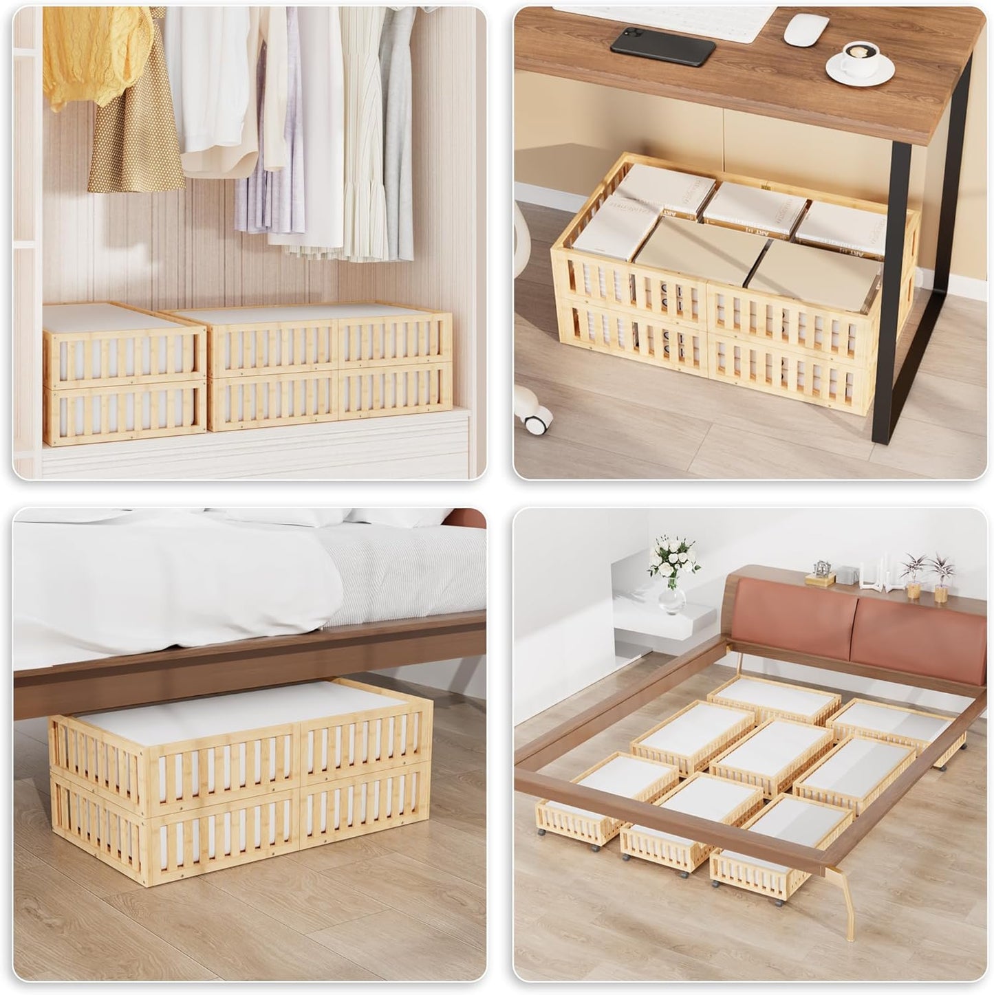 Bamboo Under Bed Storage with Wheels (2-Pack) – Rolling Underbed Shoe Organizer Box for Shoes, Blankets, Toys, Clothes Container Space-Saving Organizer Bins for Bedroom, Closet, Dorm, Nursery