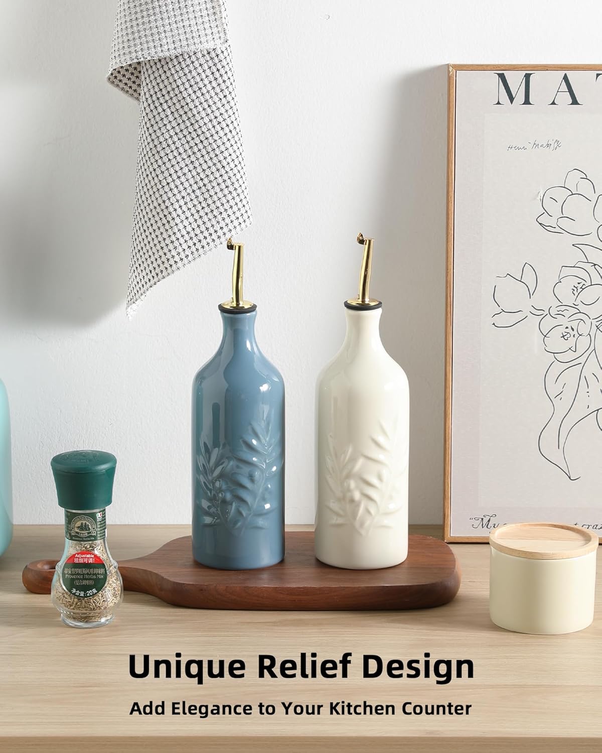 Sweejar Ceramic Olive Oil Dispenser Bottle 20 Oz Relief Opaque Oil Cruet Protects To Reduce Oxidation Suitable for Storage Vinegar, Soy Sauce, Coffee Syrup, Liquids, Set of 1 (Fogblue Gold Spout)