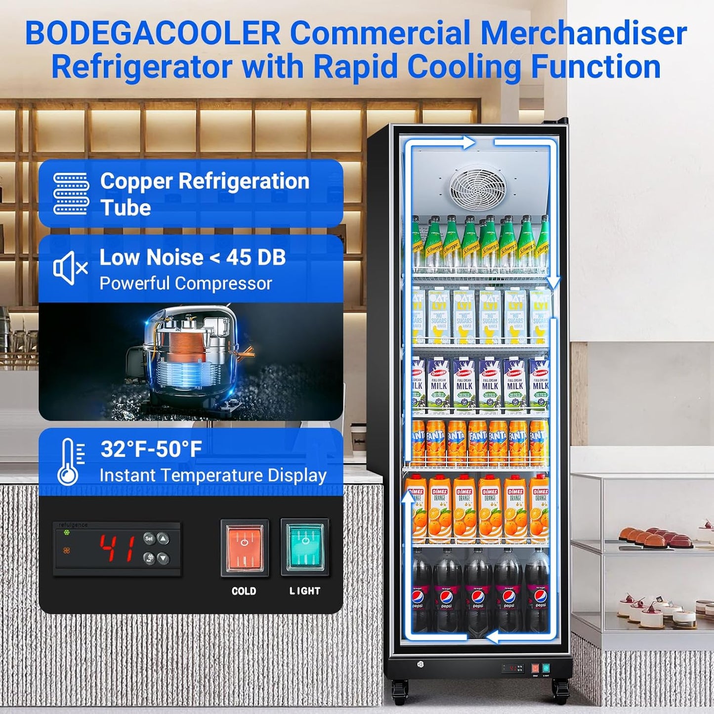 BODEGACOOLER Commercial Beverage Refrigerator Glass Door,18.1 Cu.Ft Commercial Display Merchandiser Fridge,Upright Display Bar Cooler with Soft LED Light,Adjustable Shelves,Aluminum Door,Black