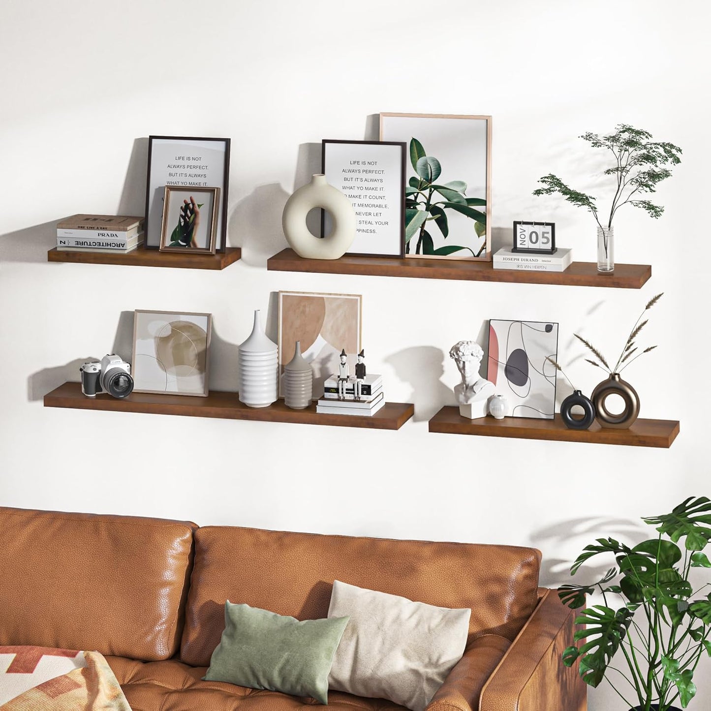 Fun Memories Farmhouse Floating Shelves - 8 Inch Deep Rustic Wood Wall Shelf - Premium Solid Pine Wood Storage Shelf for Kitchen Living Room Bedroom - 30" W x 8" D - Set of 2 - American Walnut