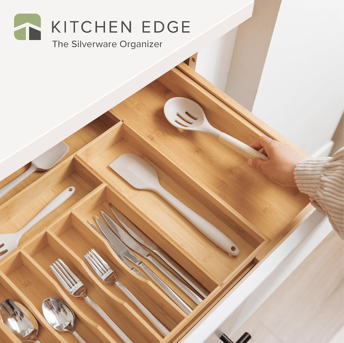 Premium Silverware, Flatware and Utensil Organizer for Kitchen Drawers, Food-Safe Contract Grade, Expandable from 16 to 28 In, Natural Bamboo
