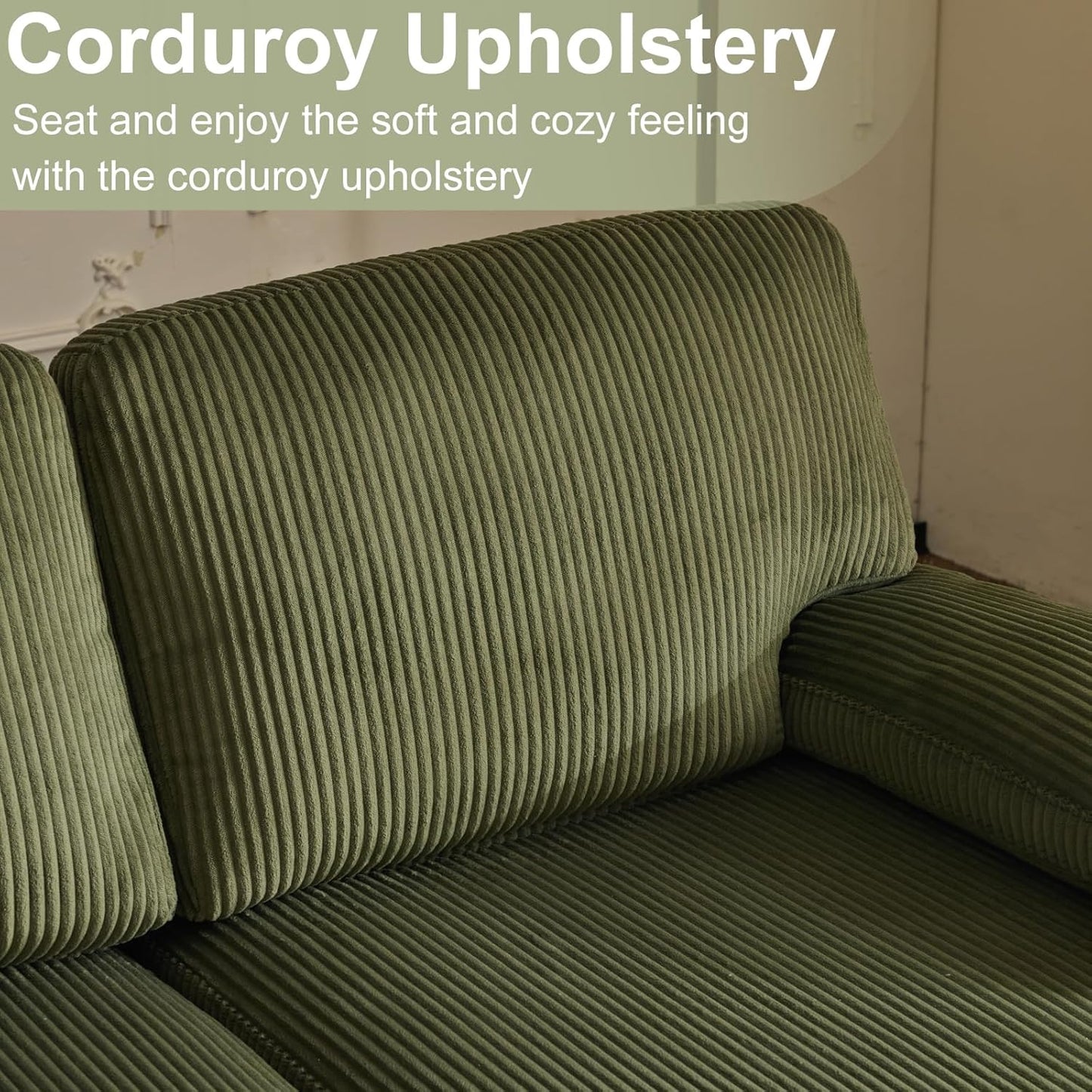 Karl home U-Shape Sectional Sofa Couch 111" Modern 4-Seat Sofa with Chaises Corduroy Fabric Upholstered Covertible Couch with Wood Grain Legs for Living Room, Reception Room, Apartment, Green