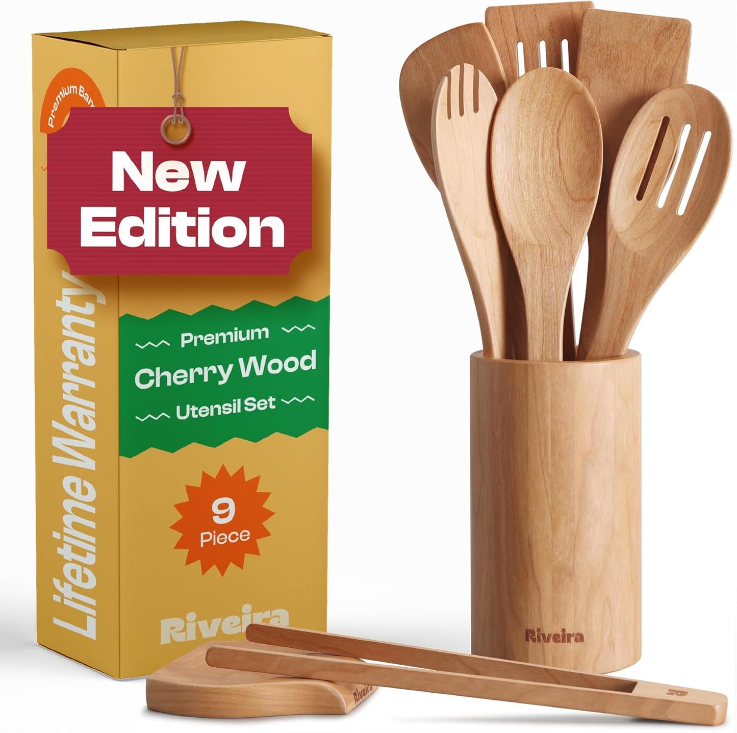 Riveira Cherry Wooden Spoons for Cooking Set of 9 – Natural Cherry Wooden Cooking Utensils, Wooden Spatula, Wooden Spoon - Premium Quality Wooden Utensil Set for Non-Toxic Cooking