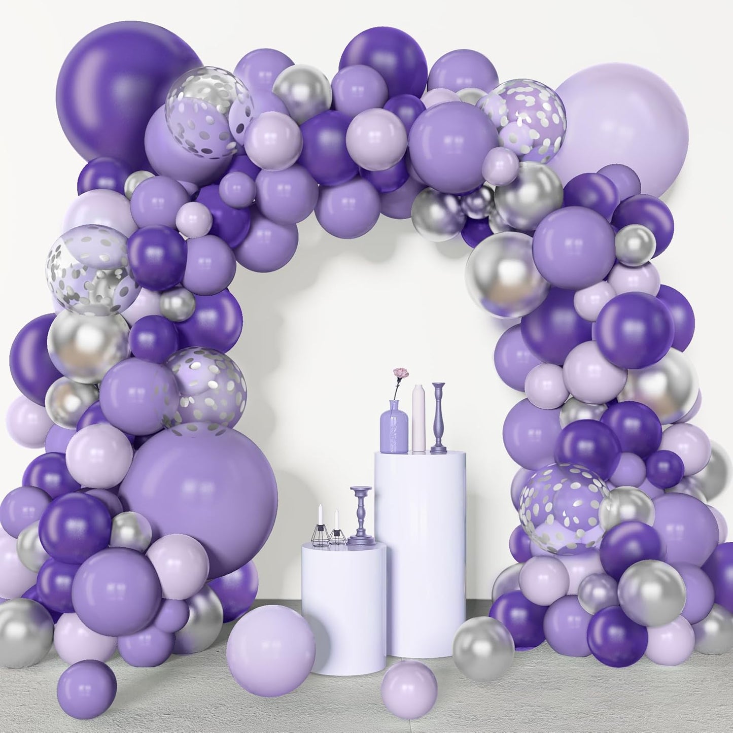 Amandir 153pcs Purple Balloon Garland Arch Kit, Different Sizes 18 12 10 5 inch Lavender Latex Metallic Confetti Silver Balloons for Girls Women Wedding Birthday Baby Shower Party Decorations Supplies