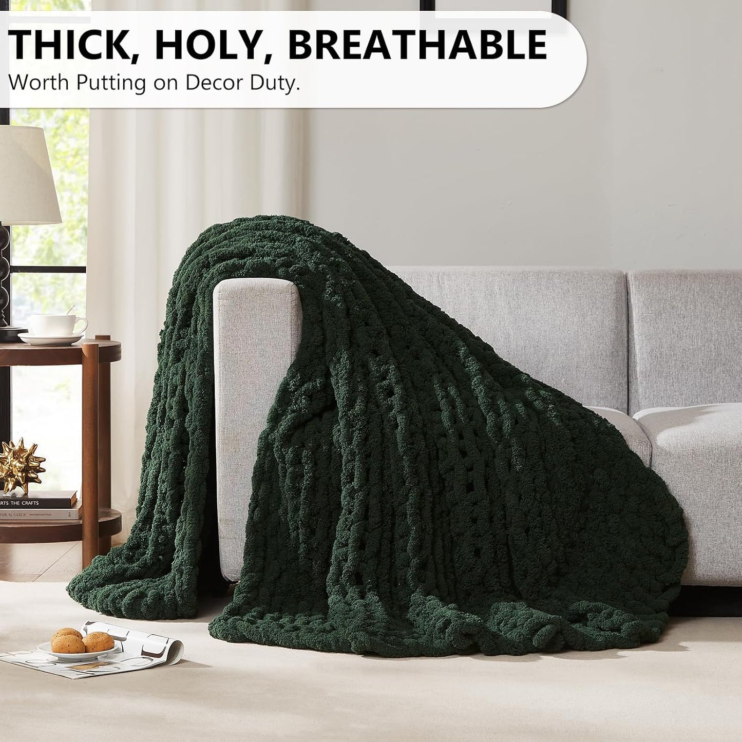 L'AGRATY Chunky Knit Blanket Throw: 80''x90'' Chenille Chunky Knitted Throw Blanket for Bed Couch - Handmade Thick Big Cable Knit Blanket - Large Chunky Crochet Rope Blanket for Home Decor(Green)