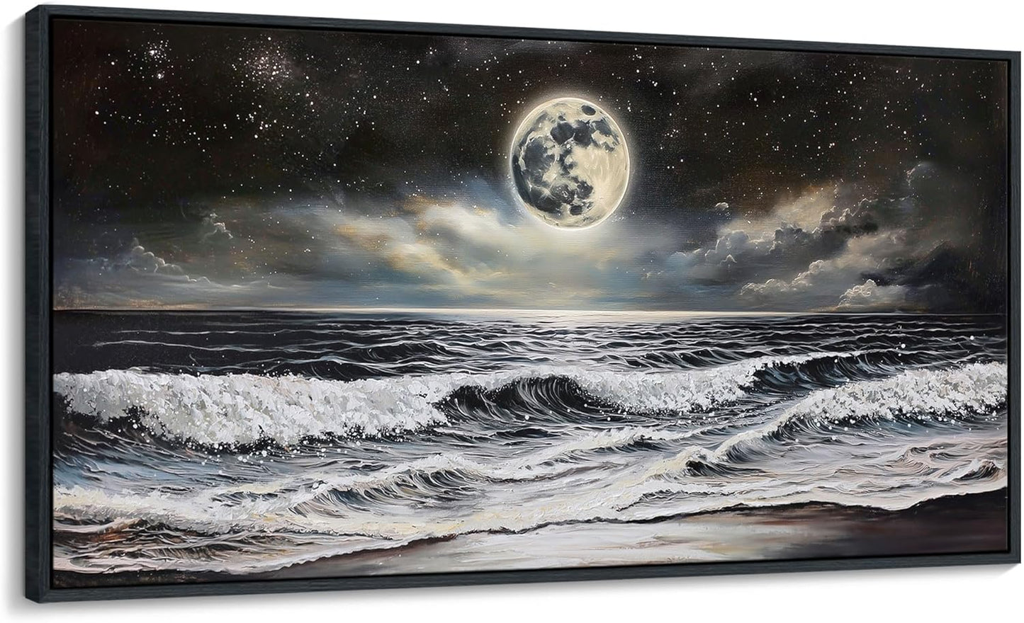 QZQCBLC Large Wall Art Bedroom, Black and White Sea Beach Canvas Wall Pictures, Waves Moon Starry Clouds Coast Paintings Artwork for Living room Home Office Artwork Framed Decor 29x58 IN