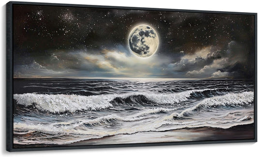 QZQCBLC Large Black Ocean Wall Art, White Sea Waves Moon Starry Clouds Canvas Print Paintings Artwork Beach Landscape Pictures for Living room Bedroom Home Office Wall Pictures Decor 24x48 IN