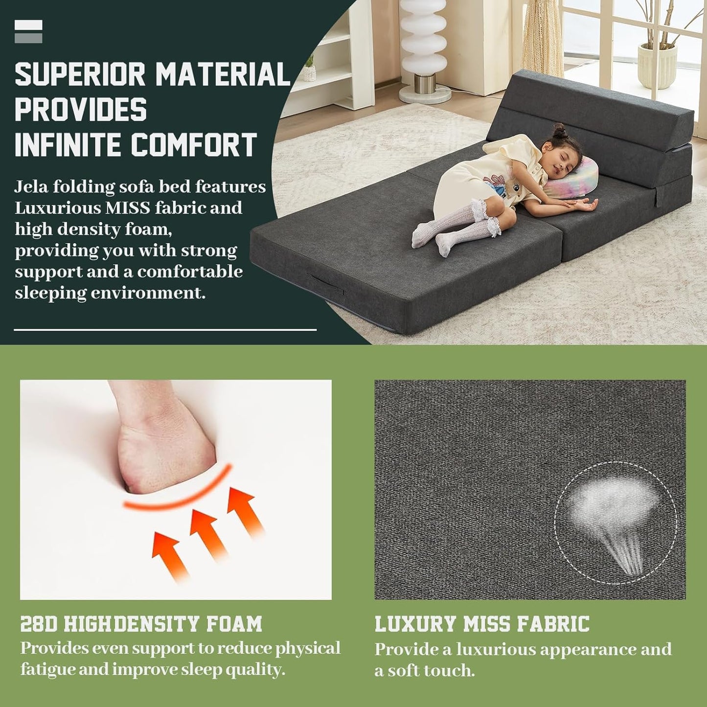 jela Foldable Sofa Bed Soft Foam Convertible Sleeper Chair Luxury Miss Fabric Fold Out Chair Bed Floor Couch with Back Support Floor Sofa for Living Room Bedroom (Twin,Dark Gray)