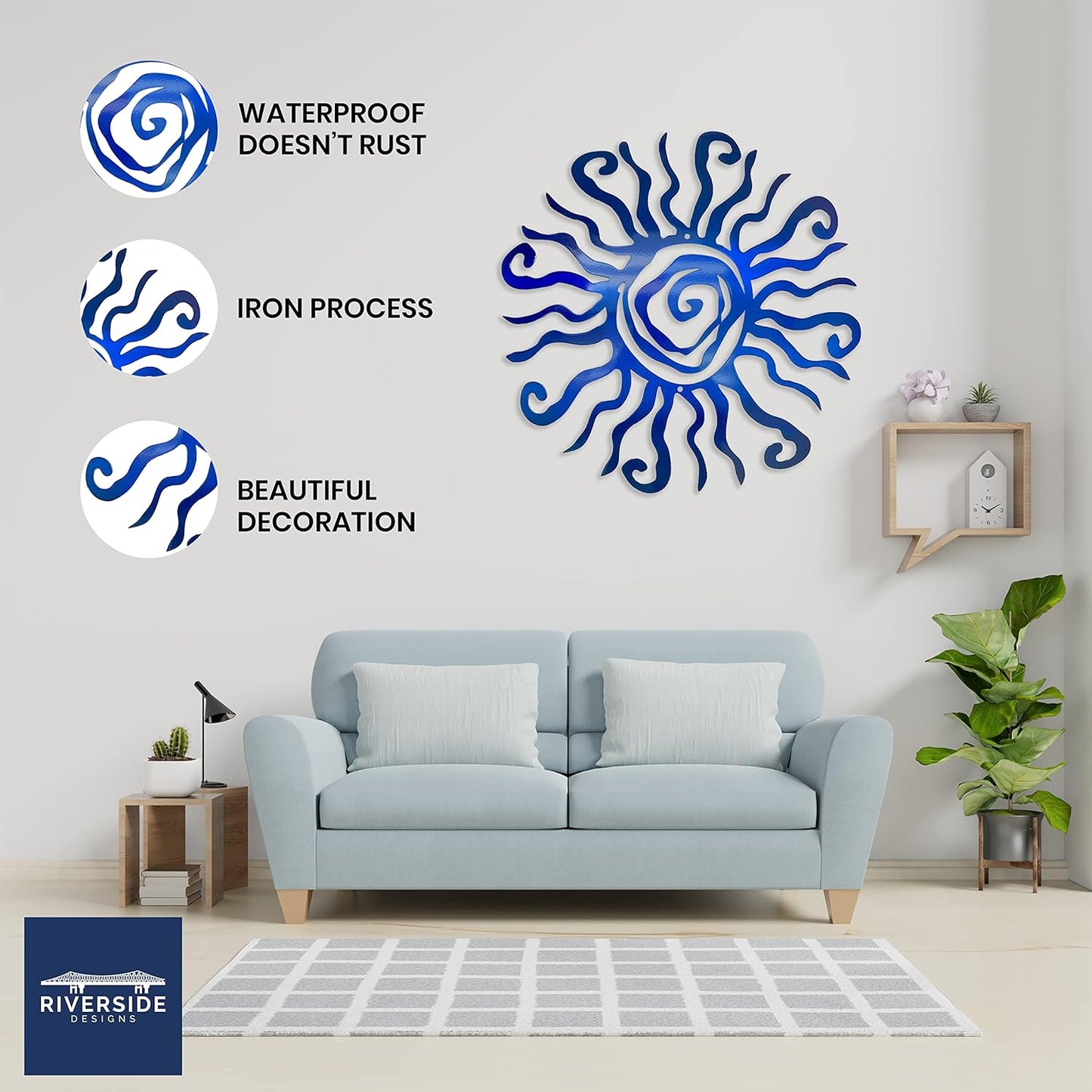 Riverside Designs Wacky Sun Metal Wall Art Indoor/Outdoor Decor - 18" Blue Rust Proof Wall Sculpture - Made in USA - Ideal for Bedroom, Garden, Home, Patio and Farmhouse