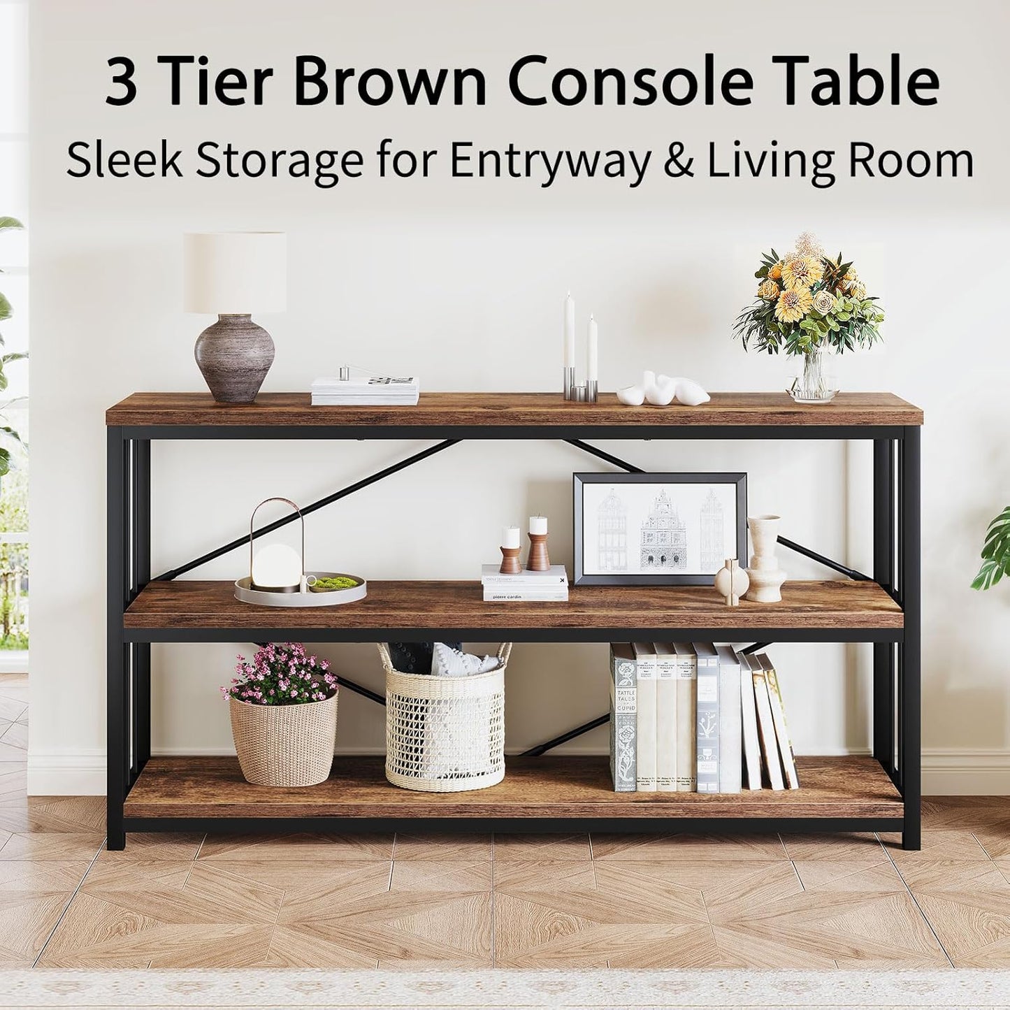 LVB Industrial Console Entryway Table, Metal Wood Rustic Sofa Table with Storage, Farmhouse 3 Tier Shelf Long Hallway Foyer Entry Tables Behind Couch for Home Living Room Entryway, Rustic Brown, 55 In
