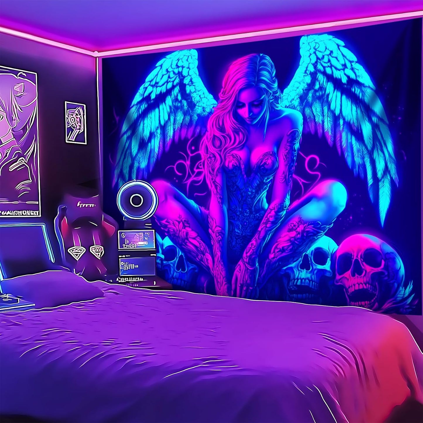 Blacklight Tapestry,WingTapestry Glow In The Dark,UV Reactive Black Light Upright Posters Wall Hanging for Bedroom Dorm Living Room Backdrop Decor (wing15, 90L" x 70W")