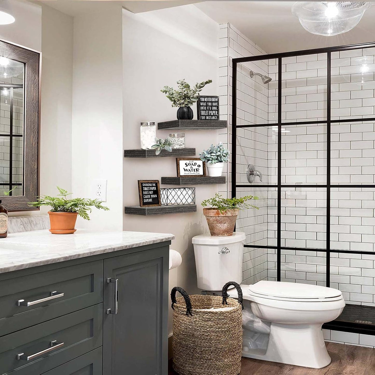 QEEIG Floating Shelves for Wall Bathroom Shelf Bedroom Kitchen Living Room Farmhouse Small Book Shelf 16 inch Set of 4, Grey (015-GY4)