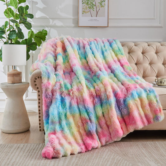 Lotus Karen Faux Fur Blanket Rainbow Twin Size - Big Bubble Rabbit Fluff Blanket for Couch, Small Fluffy Fuzzy Cozy Blanket, Thick Furry Plush Shaggy Blankets, 60x80 Inches