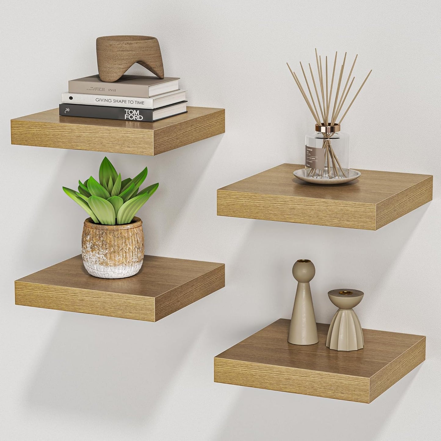 Square Floating Shelves for Wall, 8" W x 8" D x 1.2" H, Small Wooden Wall Mounted Display Shelves with Invisible Brackets for Living Room, Bedroom, Bathroom, Kitchen Decor, Set of 4, Oak