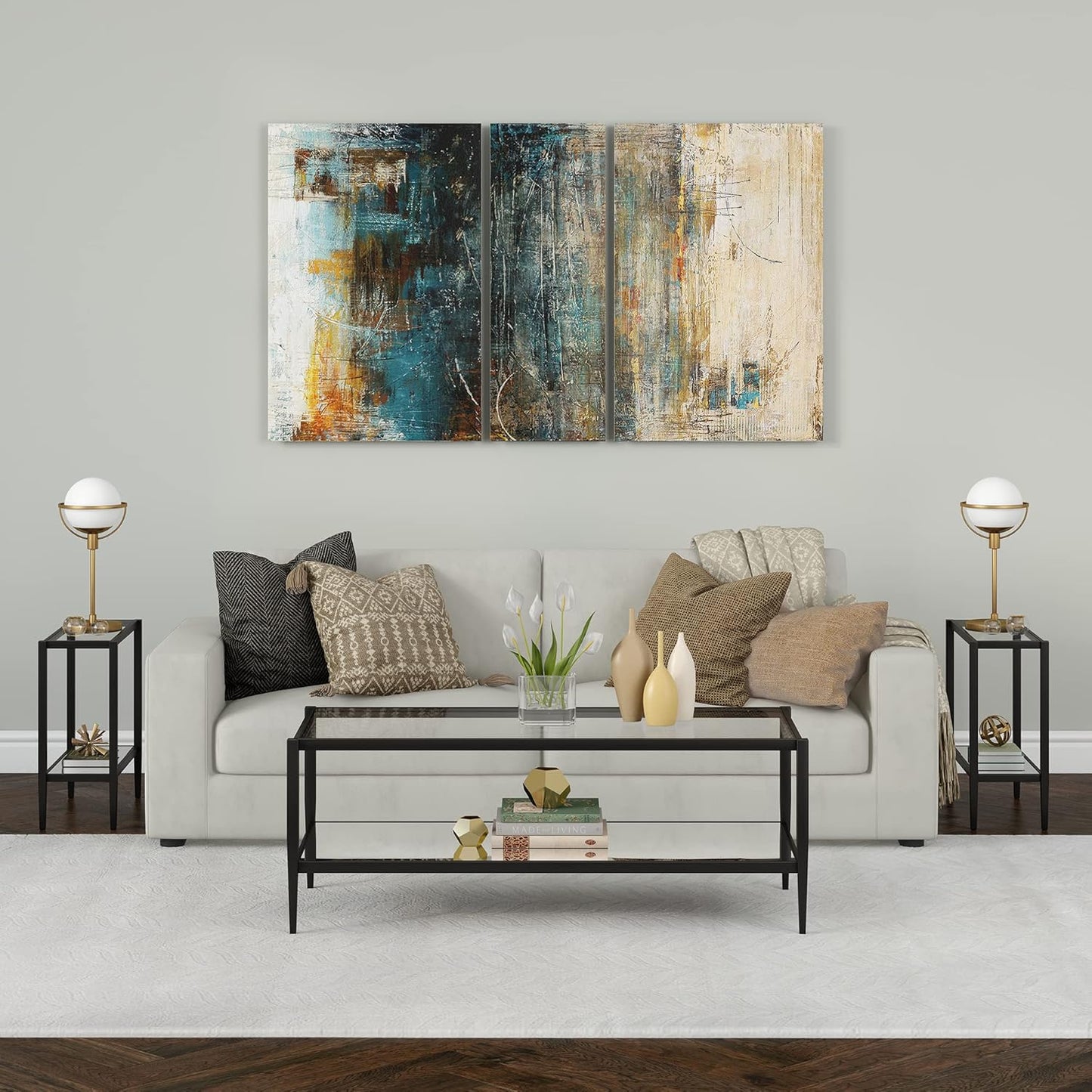 Henn&Hart 24" Wide Rectangular Side Table with Glass Shelf in Blackened Bronze, Table for Living Room, Bedroom