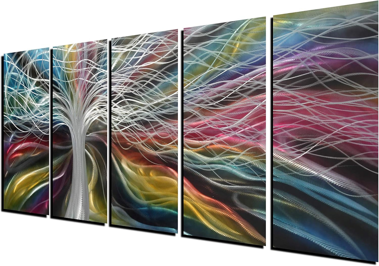 Unique Metal Wall Art with Colorful Fantastic Tree Design, Abstract Modern and Contemporary Décor, Metal Wall Sculpture, Silver Aluminum Artwork, Indoor and Outdoor decoration, 5 panels 64"x24"