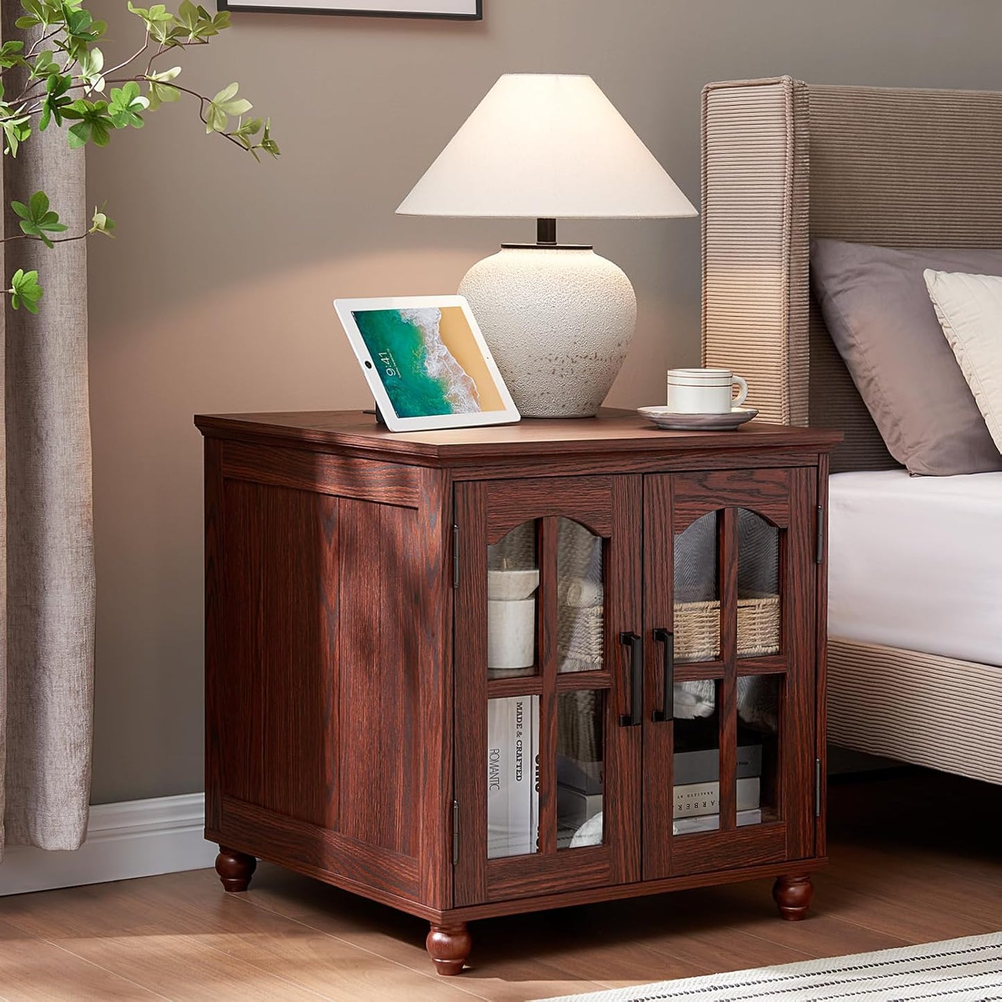 Farmhouse 24" End Table Set of 2 with Charging Station, Large Sofa Side Table with Glass Barn Door,Wood Night Stand with Adjustable Storage Shelf,Square Bedside Table for Living Room,Bedroom