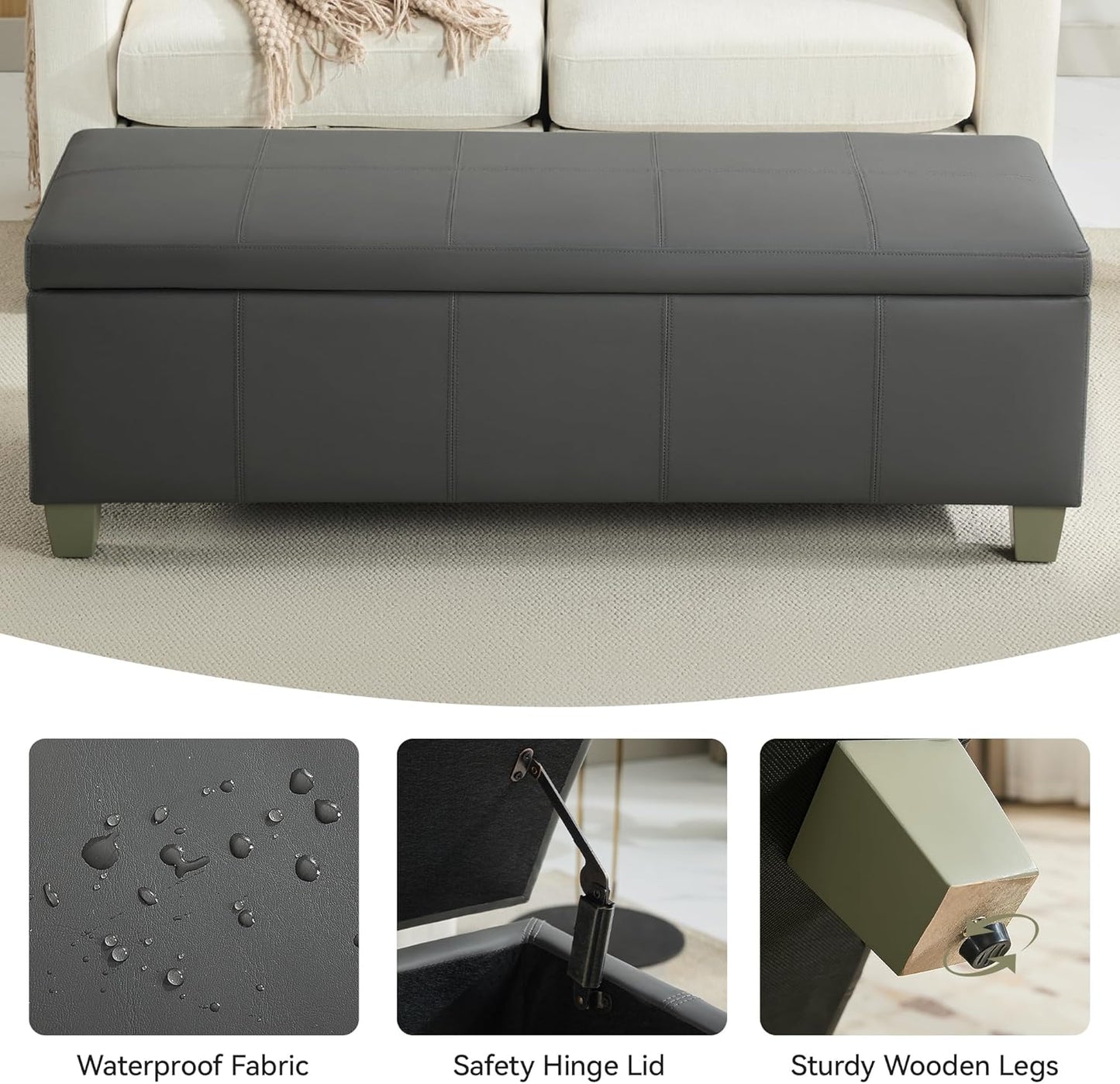 51" Faux Leather Storage Ottoman, Stitch Tufted Rectangle Upholstered End of Bed Storage Bench, Entryway Large Couch Ottoman with Wooden Legs,Dark Grey