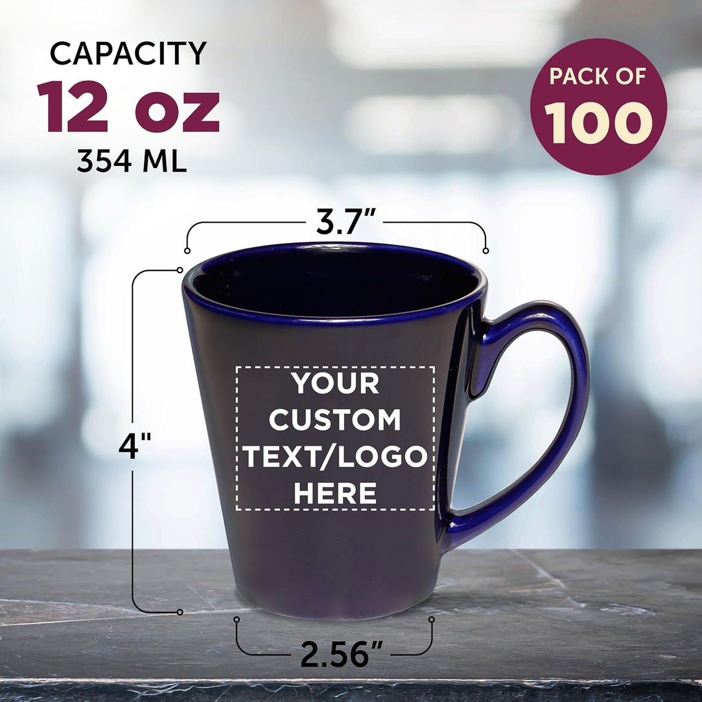 DISCOUNT PROMOS Custom Glossy Ceramic Latte Coffee Mug 12 oz. Set of 100, Personalized Bulk Pack - Perfect for Tea, Espresso, Cappuccino, Hot Cocoa - Blue