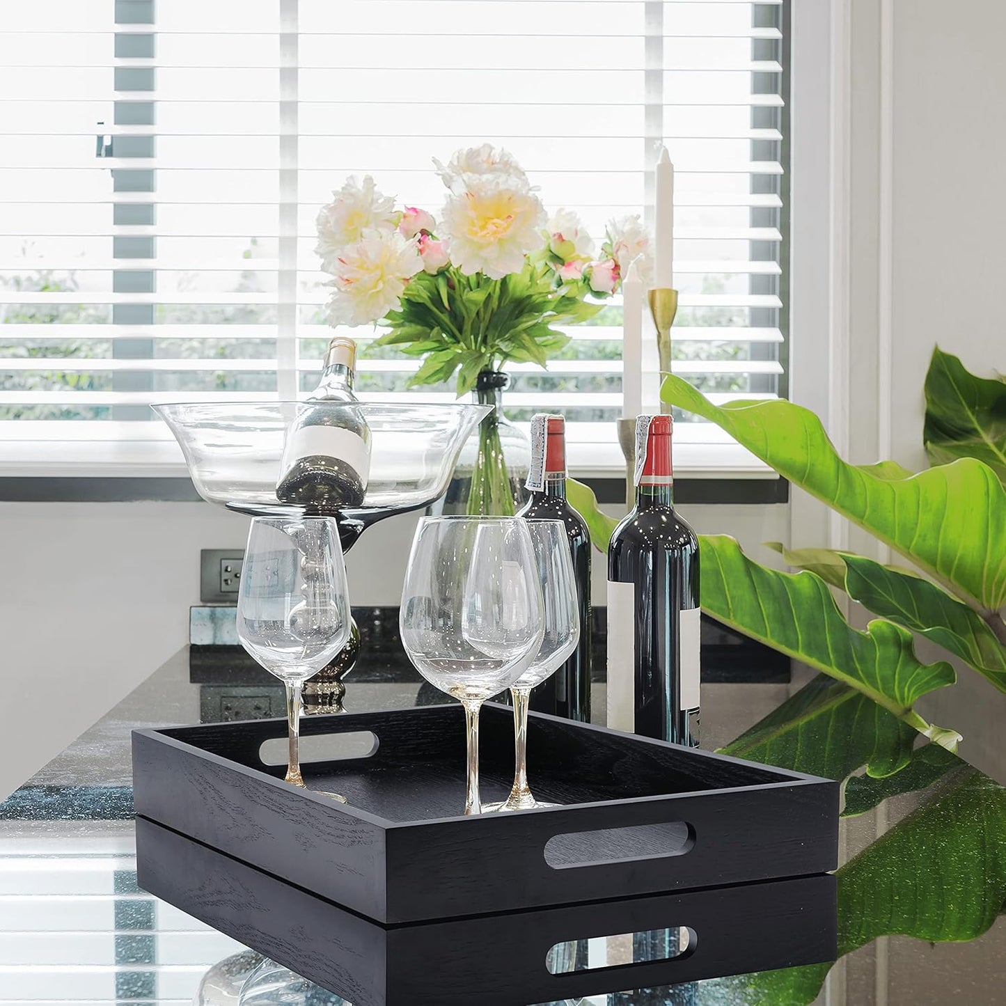 Wood Serving Tray with Handles, Home Decorative Wooden Rectangle Ottoman Decor Platter Vanity Tray for Breakfast Dinner Drinks Kitchen Dining Living Bathroom Restaurants Black