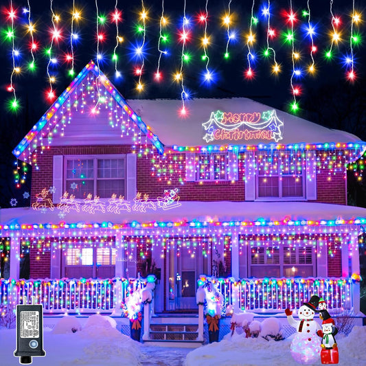 Icicle Christmas Lights Outdoor - 33ft 400 LED Icicle Lights for Outside with 75 Drops, Waterproof Plug in Christmas Light with Timer for Party, Holiday, Wedding, Christmas Decoration, Multicolor