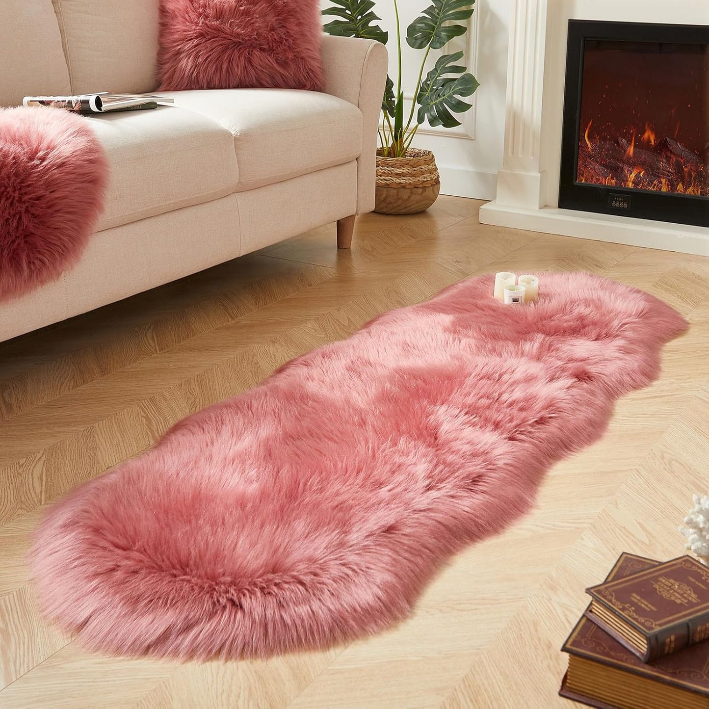 AMTOVO Faux Sheepskin Rug, Blush Pink Ultra Soft Fluffy Shag Area Rug, 2 x 6 ft Faux Fur Rug for Bedroom Sofa Throw Cushion Room Decor, Sheepskin