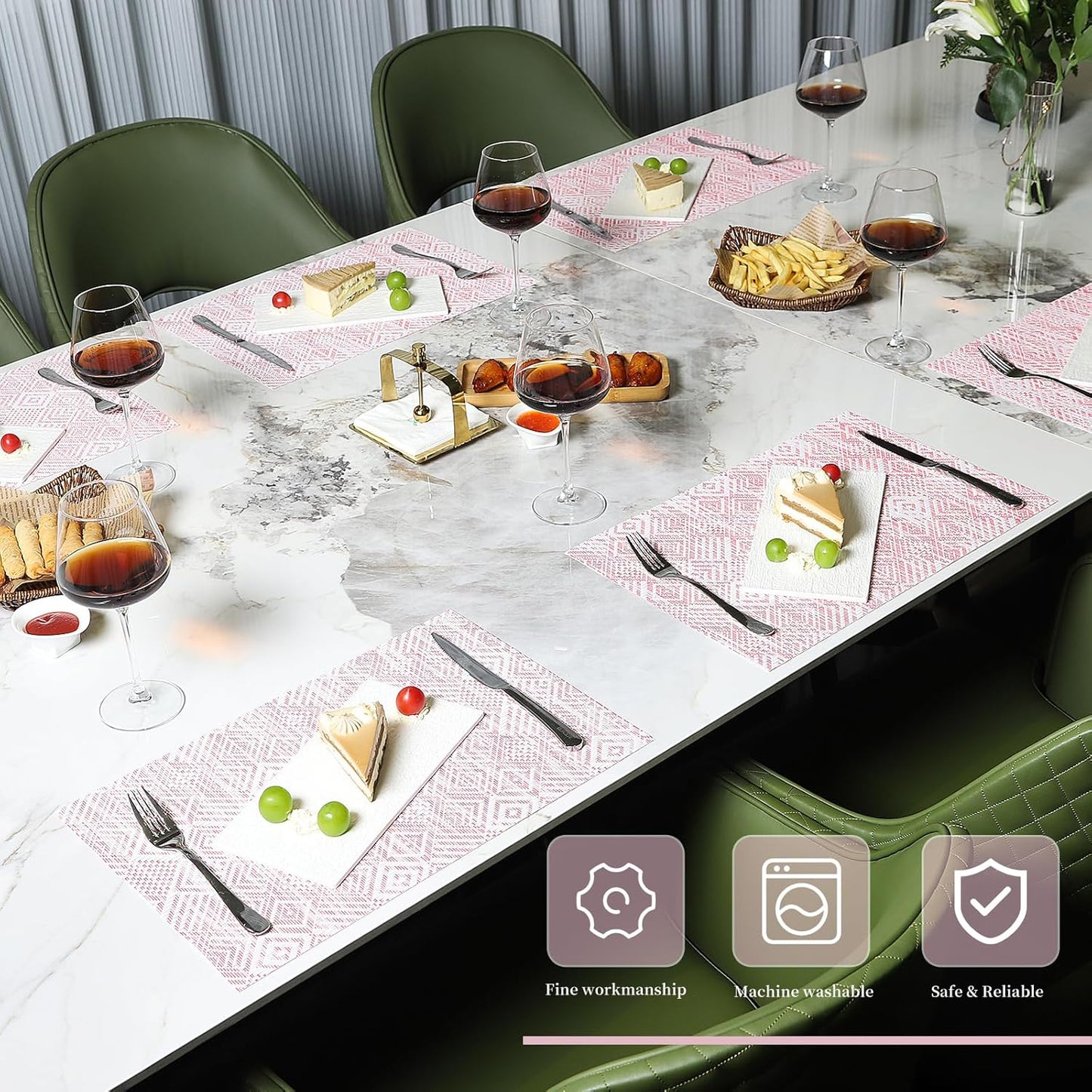 Vinyl Plastic Placemats Set of 6 Washable Heat Resistant Non-Slip Elegant Indoor Outdoor Kitchen Dining PVC Woven Table Place Mats (Red Pink Squares)