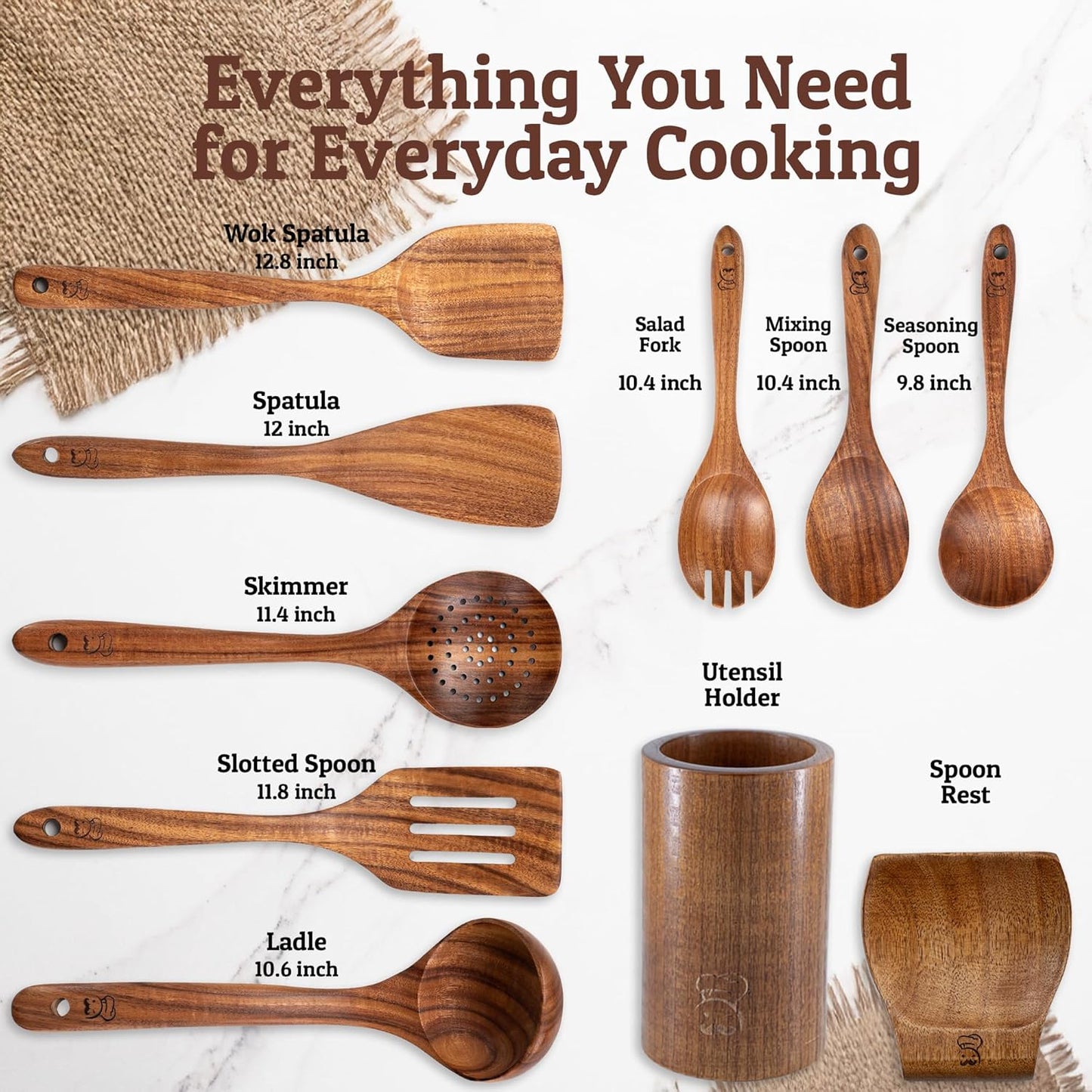 PriorityChef Premium Wooden Spoons for Cooking - 8pc with Utensil Holder, Spoon Rest and Hanging Hooks, Smooth Finish Teak Wooden Utensil Set, Heat-Resistant & Nonstick Safe, Ideal for Gifting