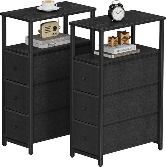 TUTOTAK Narrow Night Stand, Slim End Table, Tall Side Table with 3 Fabric Drawer, Small Bedside Table with Storage, Set of 2, for Living Room, Bedroom, Black TB01BK072