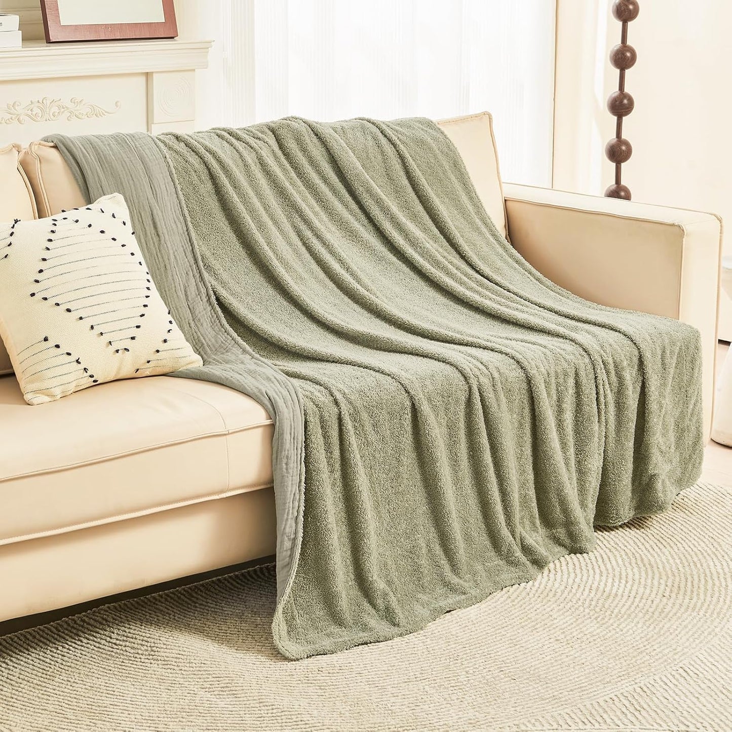 EMME Muslin and Fleece Twin Blanket Reversible - 60"*80" Sage Green Soft Warm Throw Blankets for Couch Bed Picnic Travel Bed