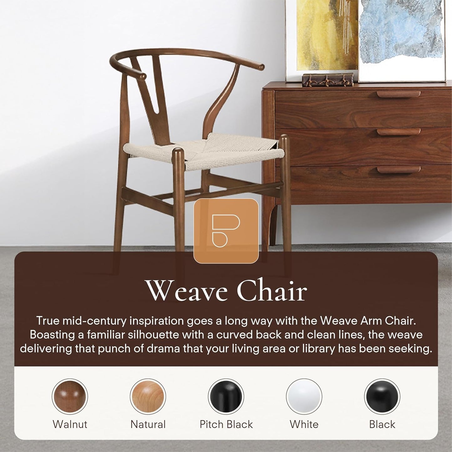 POLY & BARK Weave Dining Chair – Mid-Century Modern Wishbone Dining Chair with Arms, Solid Wood Frame, Indoor Use – Walnut – Single - Ideal for Dining Room, Kitchen or Stylish Accent Setting