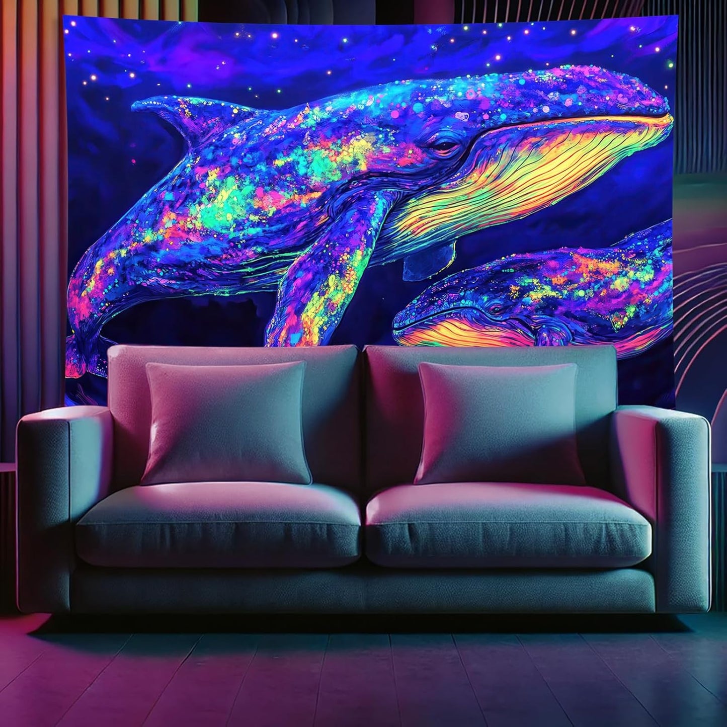 Starlit Patio Blacklight Whale Tapestry UV Reactive Glow in The Dark Neon Whale Wall Hanging Tapestry Trippy Ocean Art Poster for Bedroom Living Room Dorm Aesthetic Decor 78 x 59 Inches