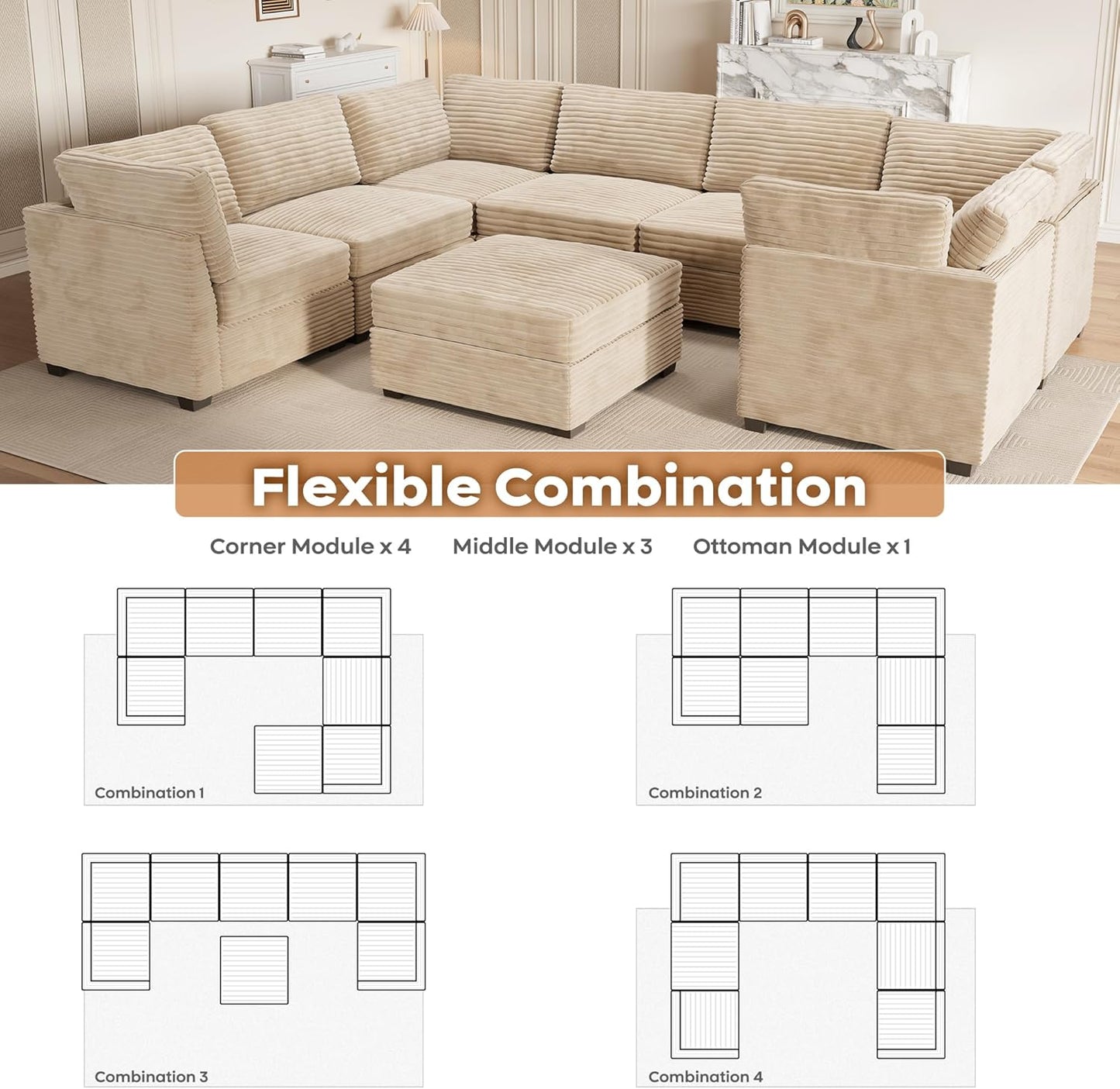 ovios Sectional Sofa Couch with U-Shape Chaise Sofa Bed, Comfy Modular Cloud Couches with Deep Seat, Modern Upholstered Plush Corduroy Sofas Set for Living Room, 8-Seater, Beige