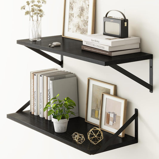 Fun Memories 27.5" W x10 D Floating Shelves, Black Wall Shelf with Brackets, 10 Inch Deep Floating Shelf Set of 2, Large Storage Kitchen Living Room Bathroom Shelves, Wood Wall Mounted Shelf
