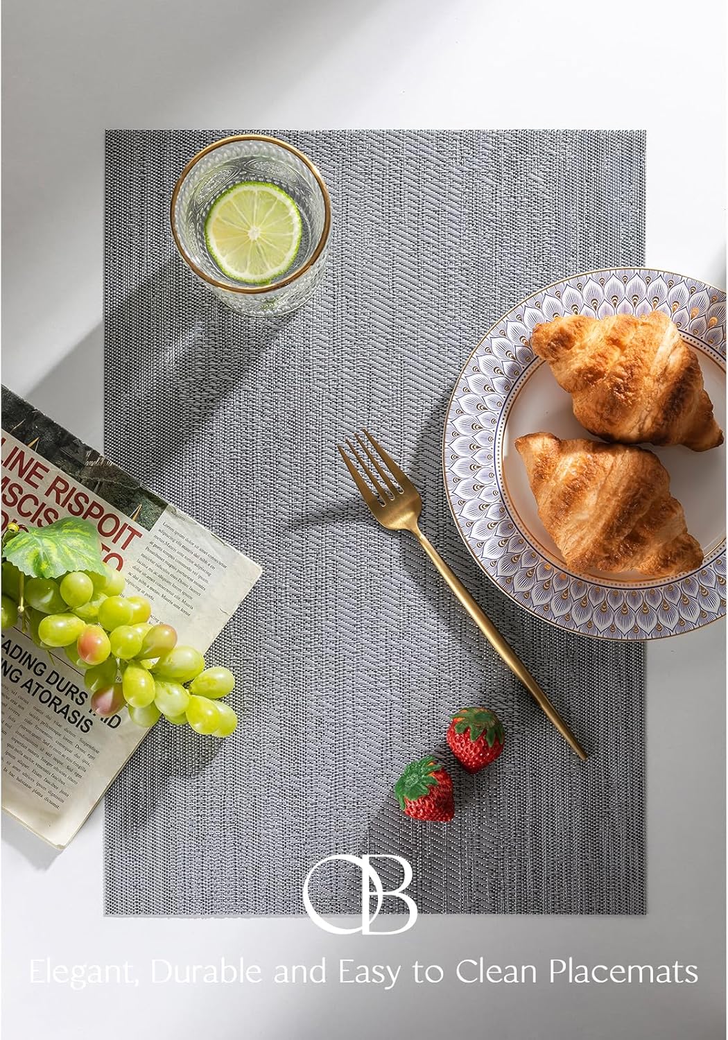 Placemats Set of 12 - Easy Clean Woven Vinyl Placemat for Dining Table, Indoor/Outdoor Place Mats, Washable PVC Table Mats（Gray）