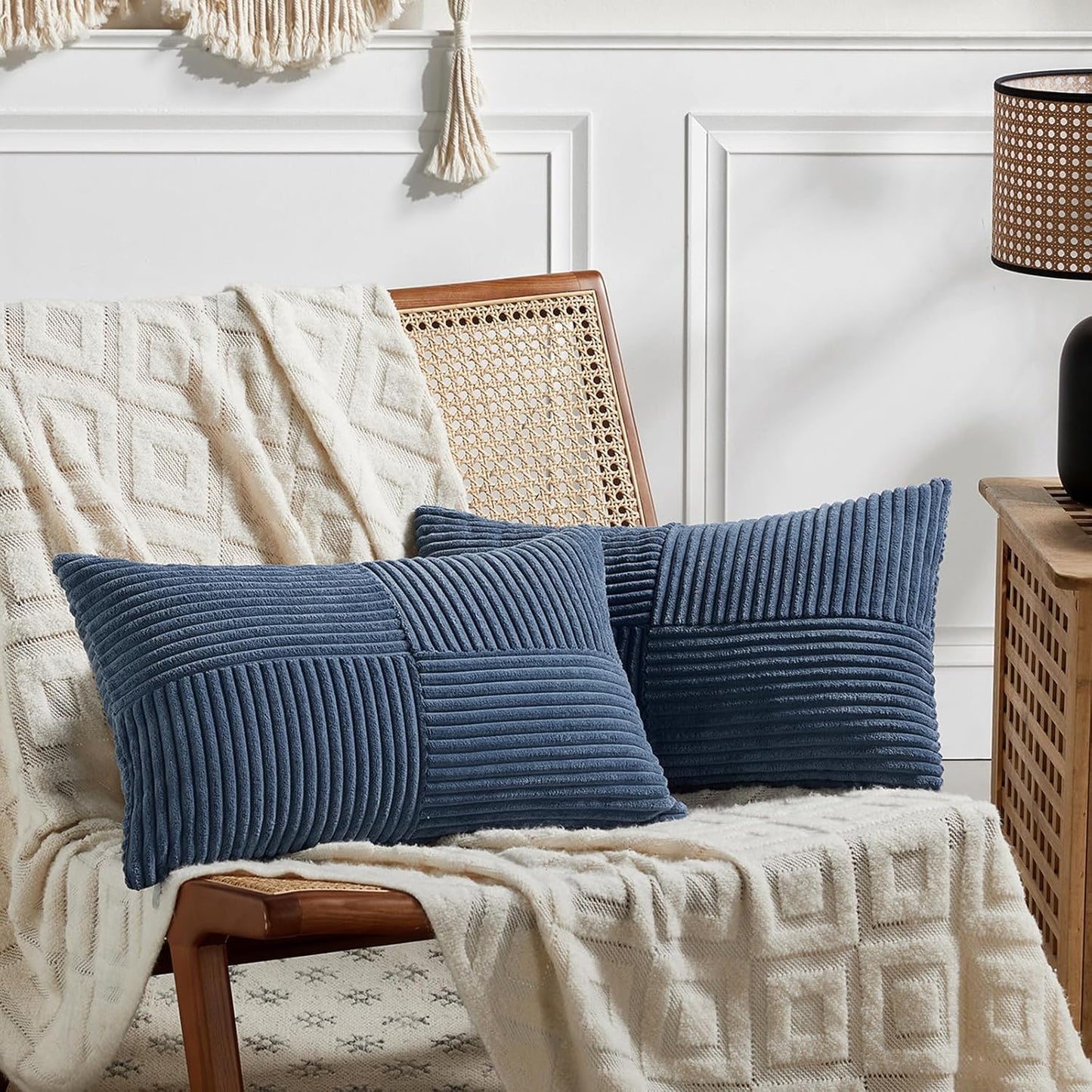 Fancy Homi 2 Packs Dusty Blue Lumbar Decorative Throw Pillow Covers 16x32 Inch for Couch Bed Sofa, Rustic Farmhouse Boho Home Decor, Soft Striped Corduroy Rectangle Accent Cushion Case 40x80 cm