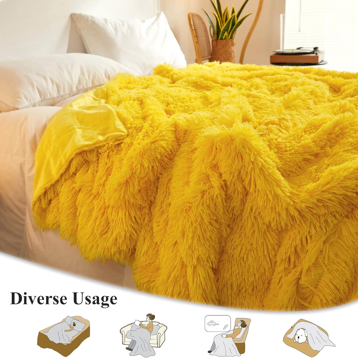 XeGe Luxury Faux Fur Blanket, Yellow Soft 60x90 Fluffy Throw for Bed, Cozy Shaggy Plush Couch Throw, Cute Furry Fuzzy Big Blanket for Kids Women Men Teen Girls Yellow, 60x90