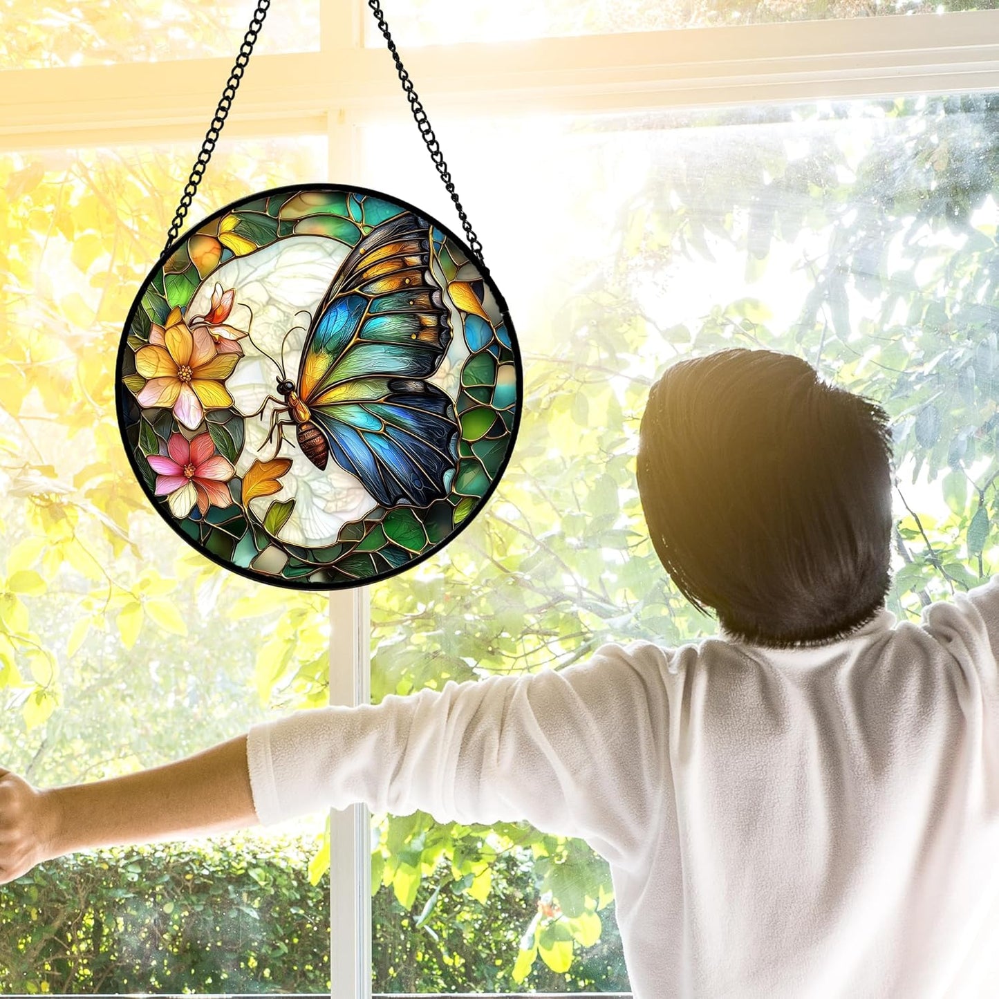 Stained Glass Window Hanging, Butterfly Flower Sun Catchers Diamond Glass Panel Hangings Insect Suncatcher Decor for Birthday for Women, Men, Wife, Aunt, and Mom 15x15 in