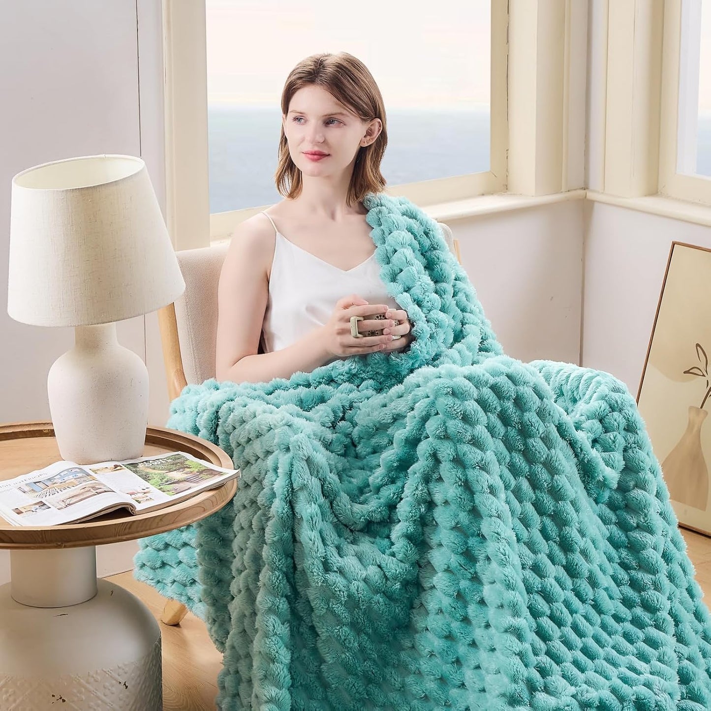 NEWCOSPLAY Super Soft Queen Blanket Sage Green Premium Silky Flannel Fleece 3D Clouds Stylish Jacquard Lightweight Bed Blanket All Season Use 350GSM (Sage Green, Queen(90"x90"))