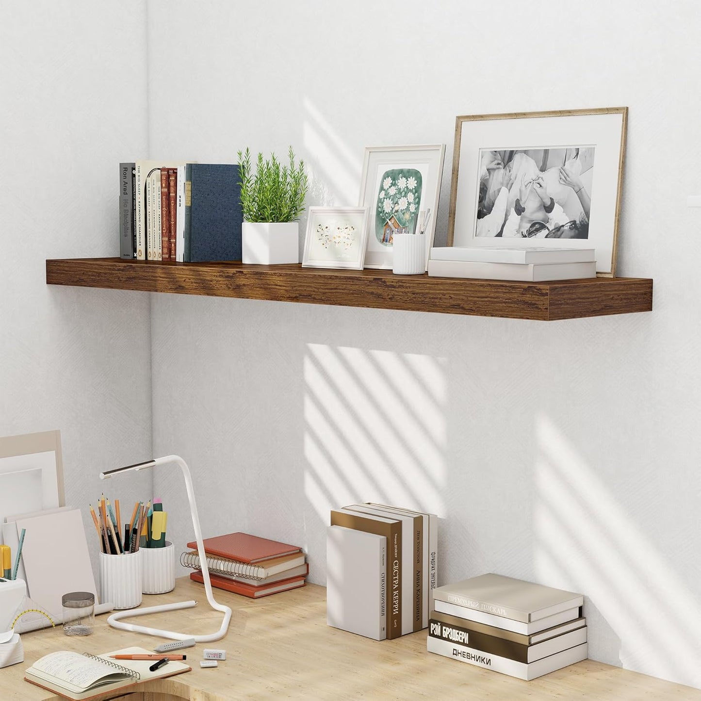 Fun Memories 55 Inch Fireplace Mentel Shelf, 10 Inch Deep Shelves for Display&Wall Storage, Rustic Wood Wall Shelf -Extra Long Floating Shelves for Living Room Laundry Room, Rustic Brown, Set of 1