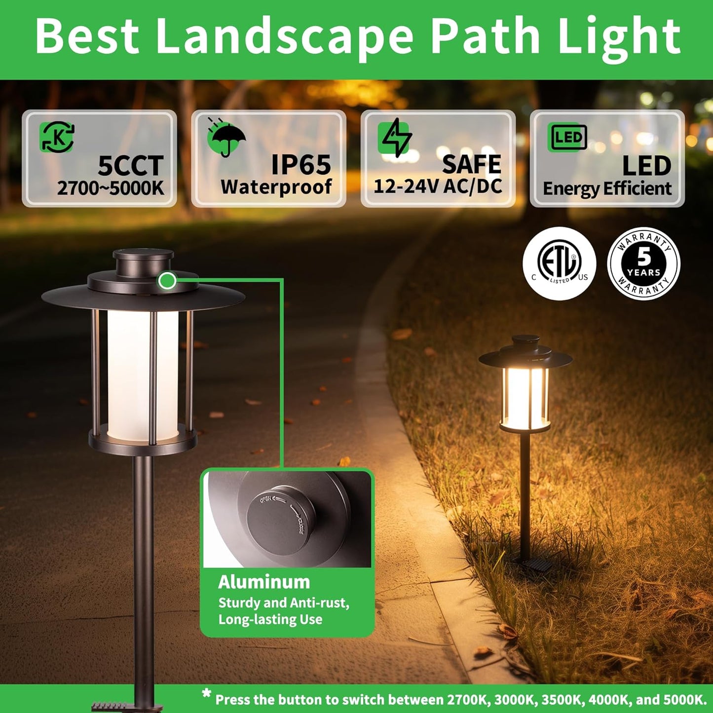 Low Voltage Pathway Lights - 2700K/3000K/3500K/4000K/5000K Selectable Landscape Path Light Wired, 12V IP65 Waterproof Walkway Lamp, Lantern Shape LED Aluminum ORB for Outdoor Yard Garden