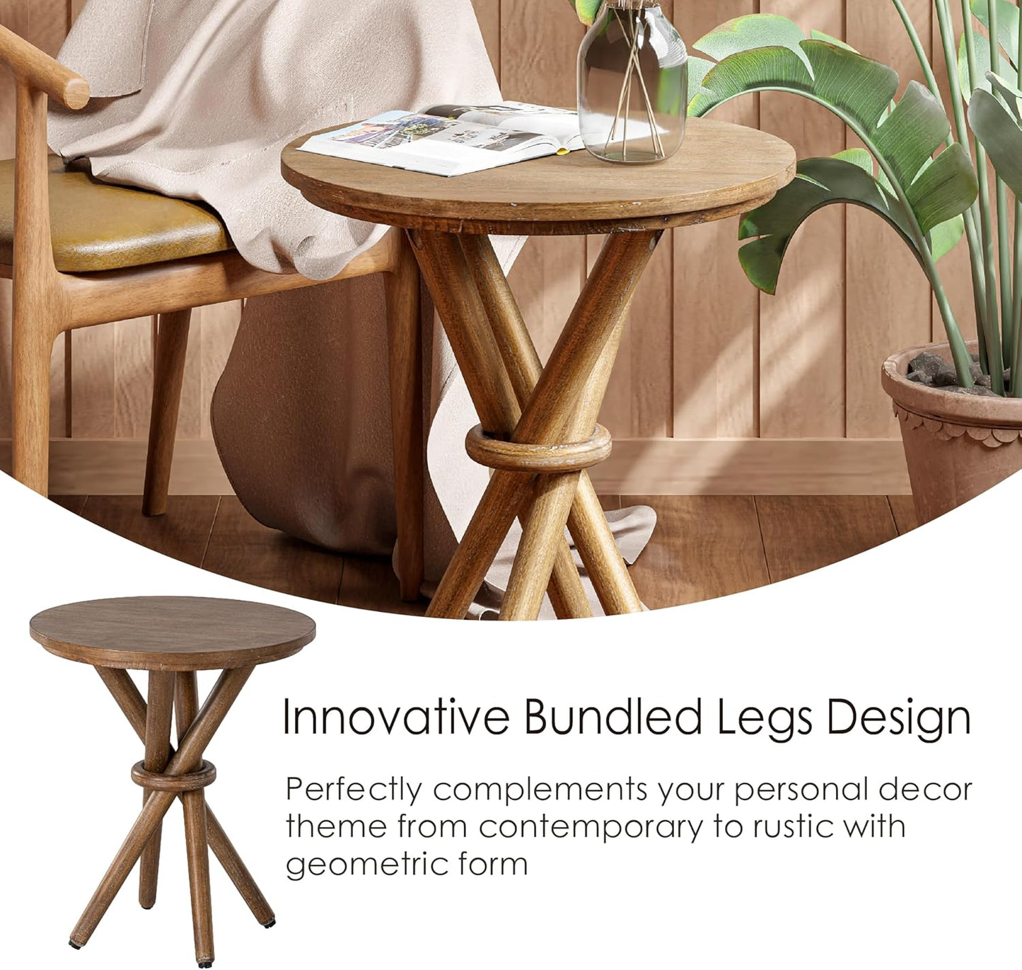 Round Wood End Table Farmhouse Wooden Side Table Rustic Plant Stand with Bundled Legs for Living Room, Office, Walnut