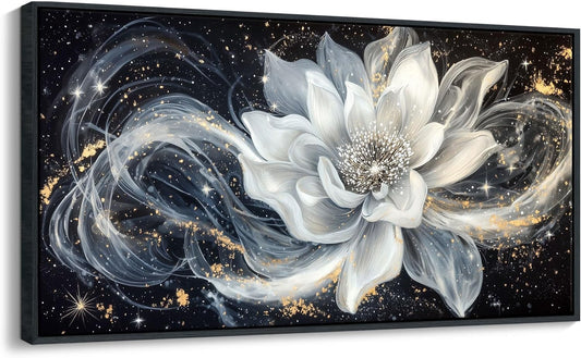 QZQCBLC Abstract Flower Wall Art, Black and White Gold Simplicity Framed Canvas Painting Large White Lotus Modern Pictures Artwork for Living room Bedroom kitchen Home Office Decor 24x48 IN