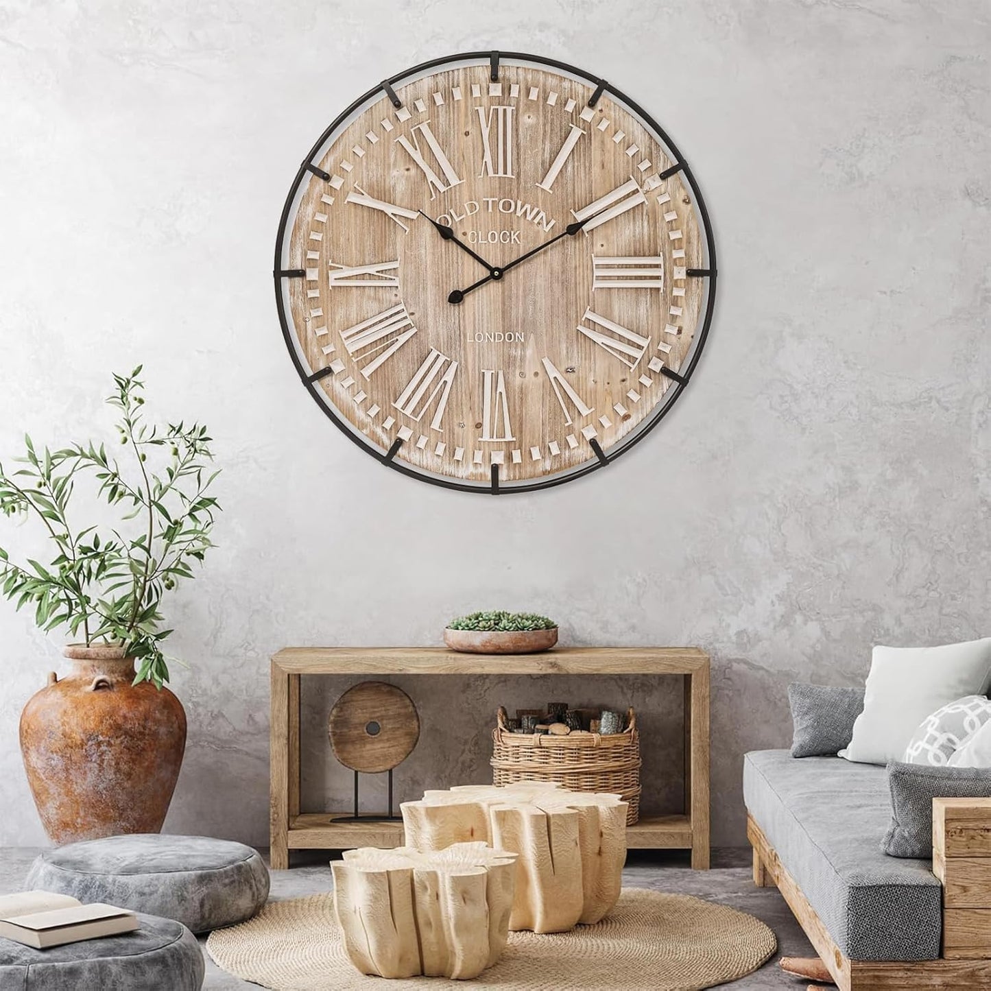 Farmhouse Wall Clock 30 Inch - Rustic Wood Metal Decor, Silent Sweep, Battery Operated for Living Room Kitchen Office, Brown