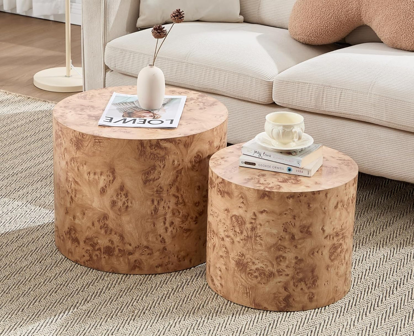 EALSON Nesting Coffee Tables Set of 2 Farmhouse Small Round End Tables Modern Wood Circle Side Table Drum Table for Living Room Small Spaces Bedroom Balcony, No Assembly, Natural Burl
