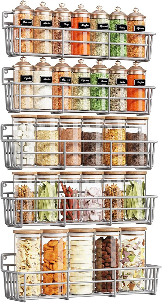 5 Pack Spice Rack Seasoning Organizer Wall Mount, Screw or Adhesive Hanging Shelf Basket Spice Organizer Shelf for Kitchen, Silver